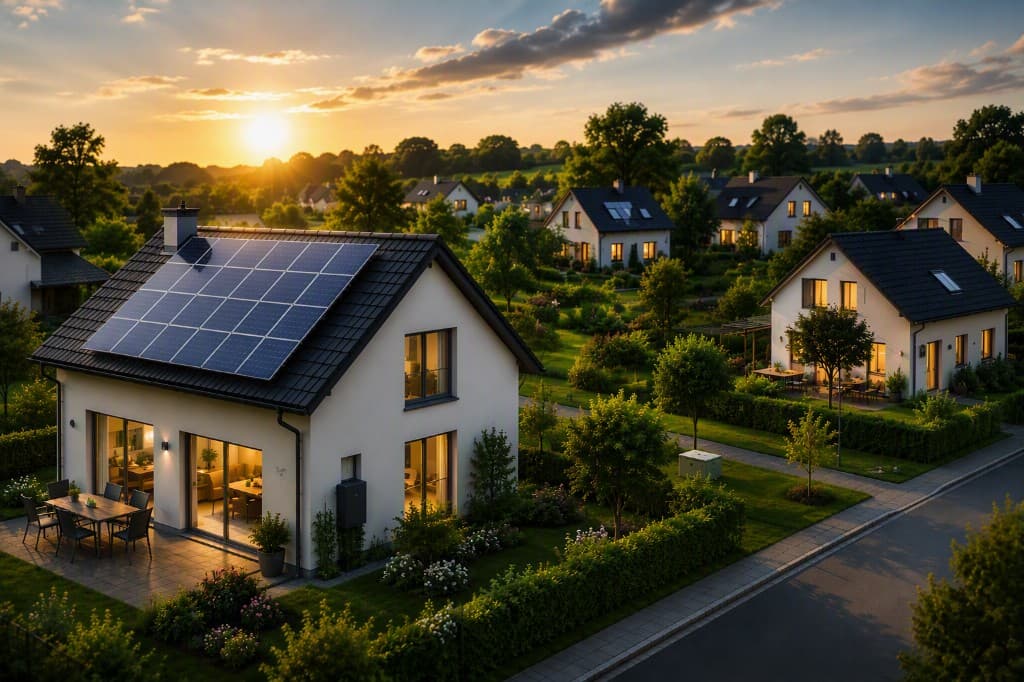 Deutsche Wohnsiedlung bei Sonnenuntergang: Haus mit Photovoltaik und Nachbarhäusern